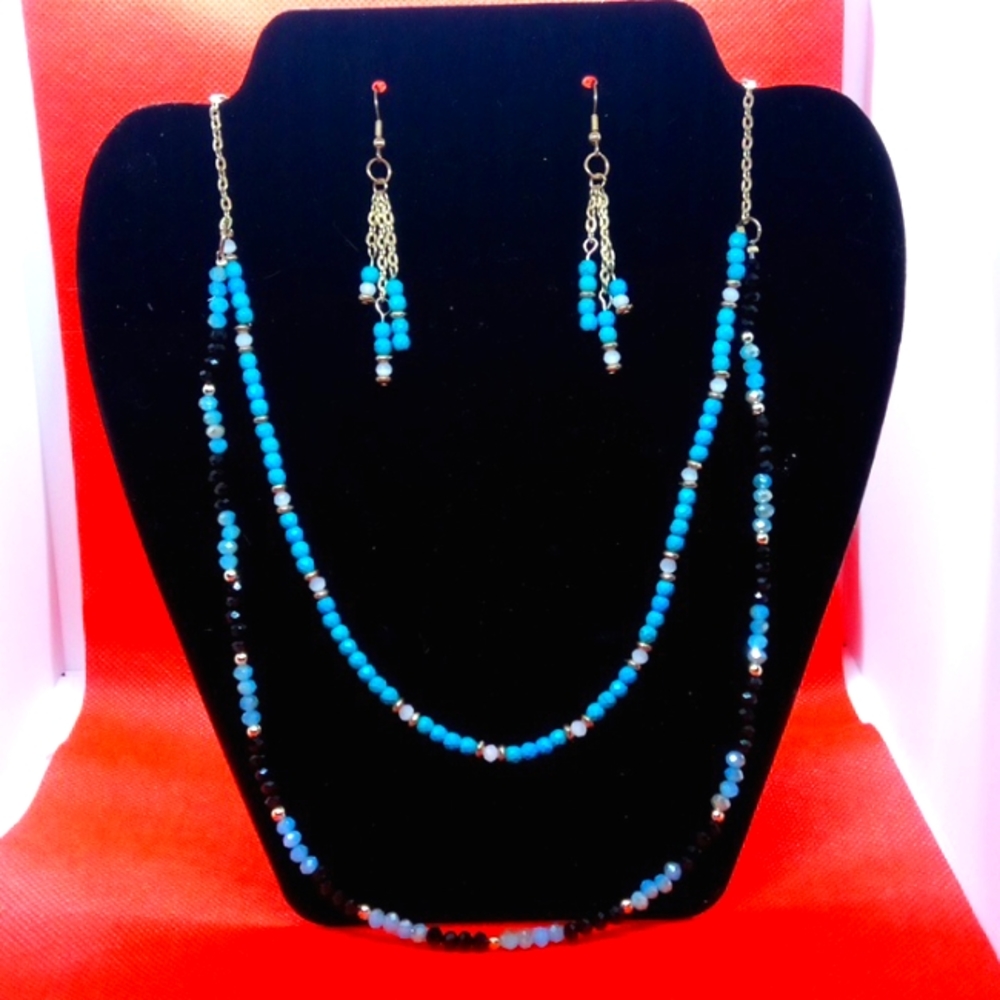 🆕 BLaCK/Aqua/Gold beaded dangle EARRINGS w/ DBL NECKLACE SET @HANDMADE Original